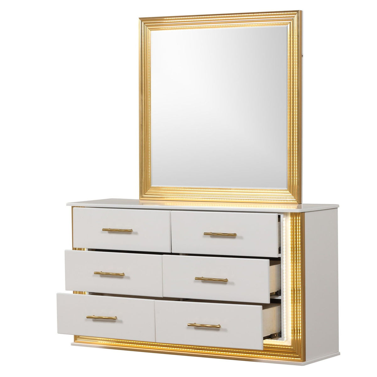 Obsession square mirror with white and gold frame over white multi-drawer cabinet