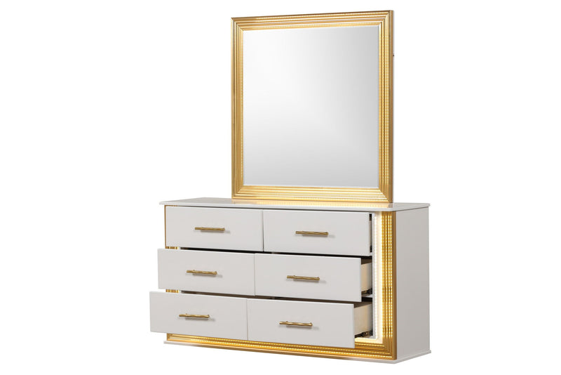 Obsession square mirror with white and gold frame over white multi-drawer cabinet