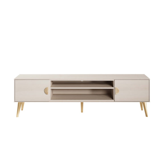 Manhattan Haley TV stand in pale finish with gold-tone legs, two side doors, and open center shelves