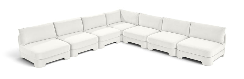 White armless velvet sectional sofa with ottoman-style seats, 7-piece set