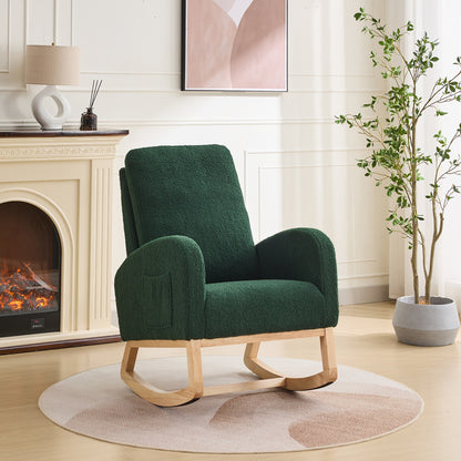27.2'W Rocking Chair for Nursery, Sherpa Glider Chair with High Back and Side Pocket, Rocking Accent Armchair with Rubber Wood Legs for Living Room/Bedroom, Green