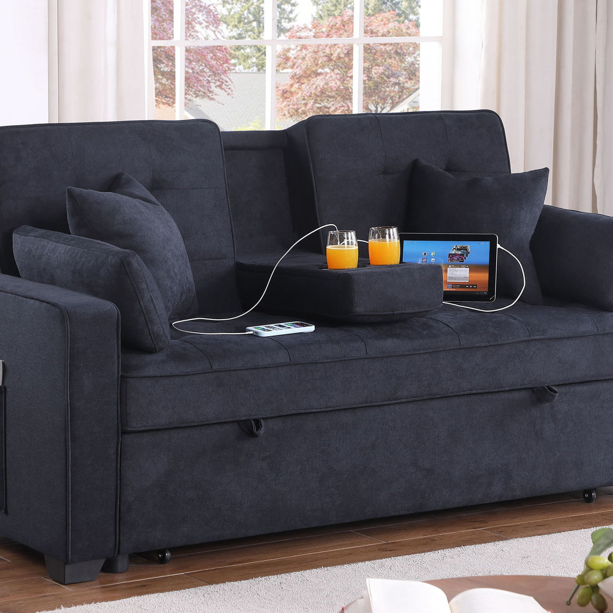 Cody II - 69.5"W Woven Fabric Convertible Sleeper Loveseat with Cup Holder