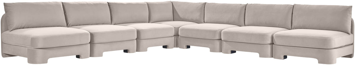 7-piece armless sectional sofa in light beige velvet with box cushions and built-in chaise