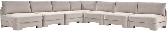 7-piece armless sectional sofa in light beige velvet with box cushions and built-in chaise