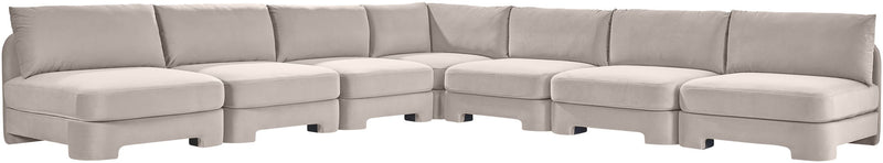 7-piece armless sectional sofa in light beige velvet with box cushions and built-in chaise