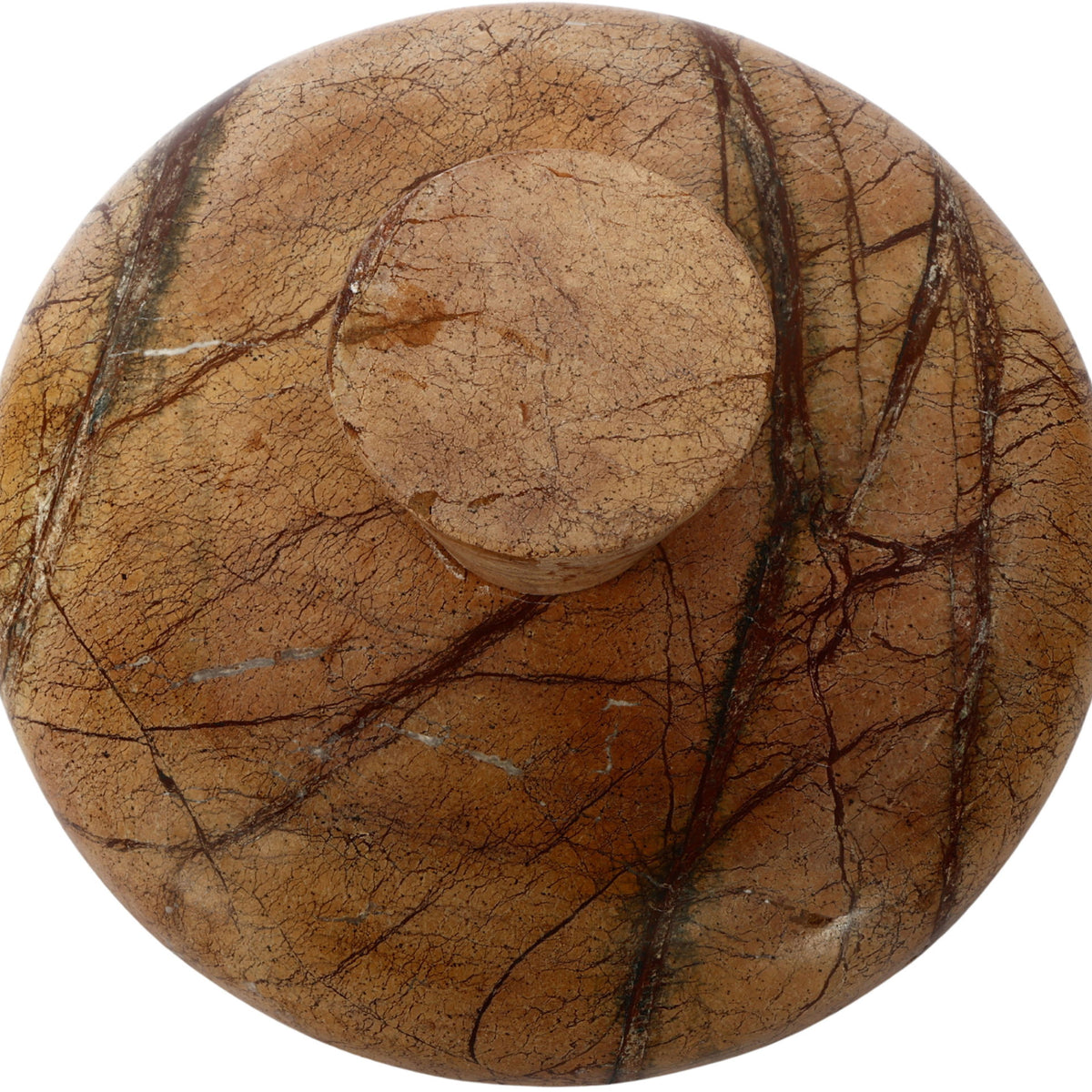 Brown marble bowl with shallow round basin and pedestal base, marbled swirl pattern
