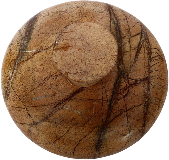 Brown marble bowl with shallow round basin and pedestal base, marbled swirl pattern