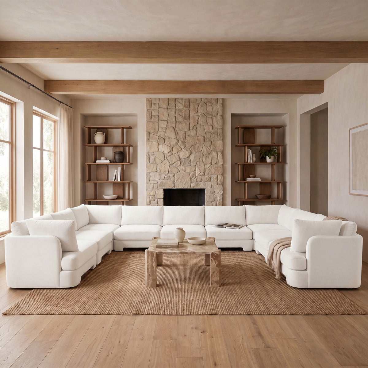 White velvet performance fabric 9-piece sectional sofa with corner chaise and clean-lined cushions
