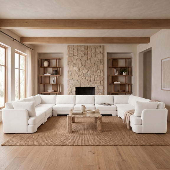 White velvet performance fabric 9-piece sectional sofa with corner chaise and clean-lined cushions