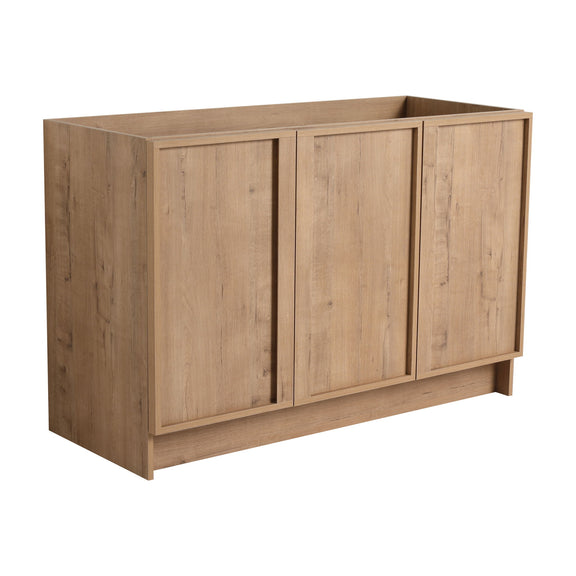 Freestanding bathroom vanity with four wood cabinet doors in a light wood finish