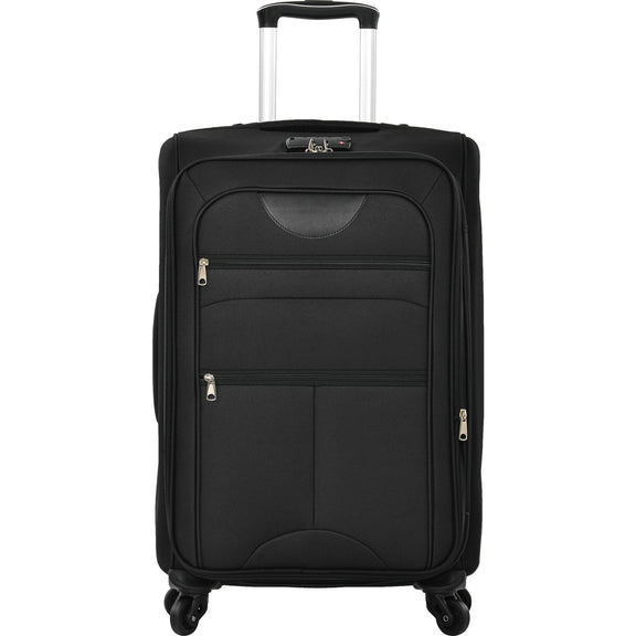 Black softside expandable upright spinner suitcase with front zipper pockets