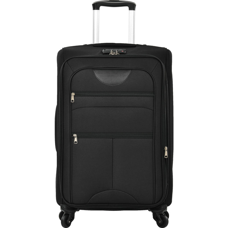Black softside expandable upright spinner suitcase with front zipper pockets