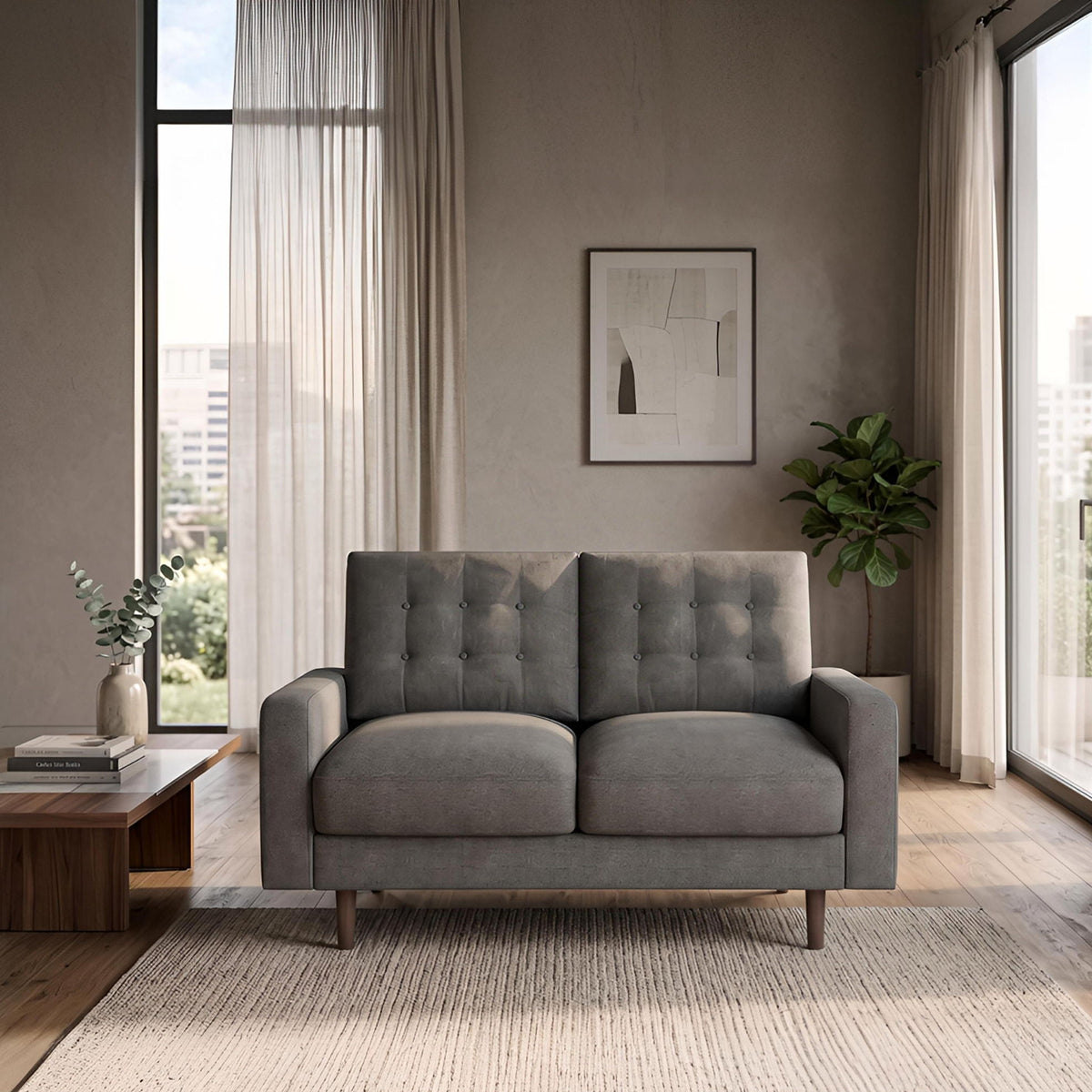 Dark gray two-seat loveseat sofa with tufted back cushions and wooden legs