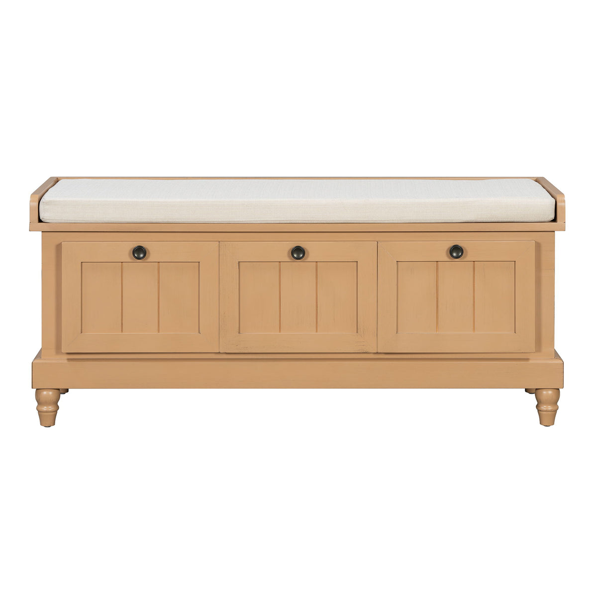 Natural wood shoe bench with padded top cushion and three drawer doors