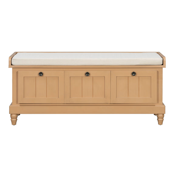 Natural wood shoe bench with padded top cushion and three drawer doors