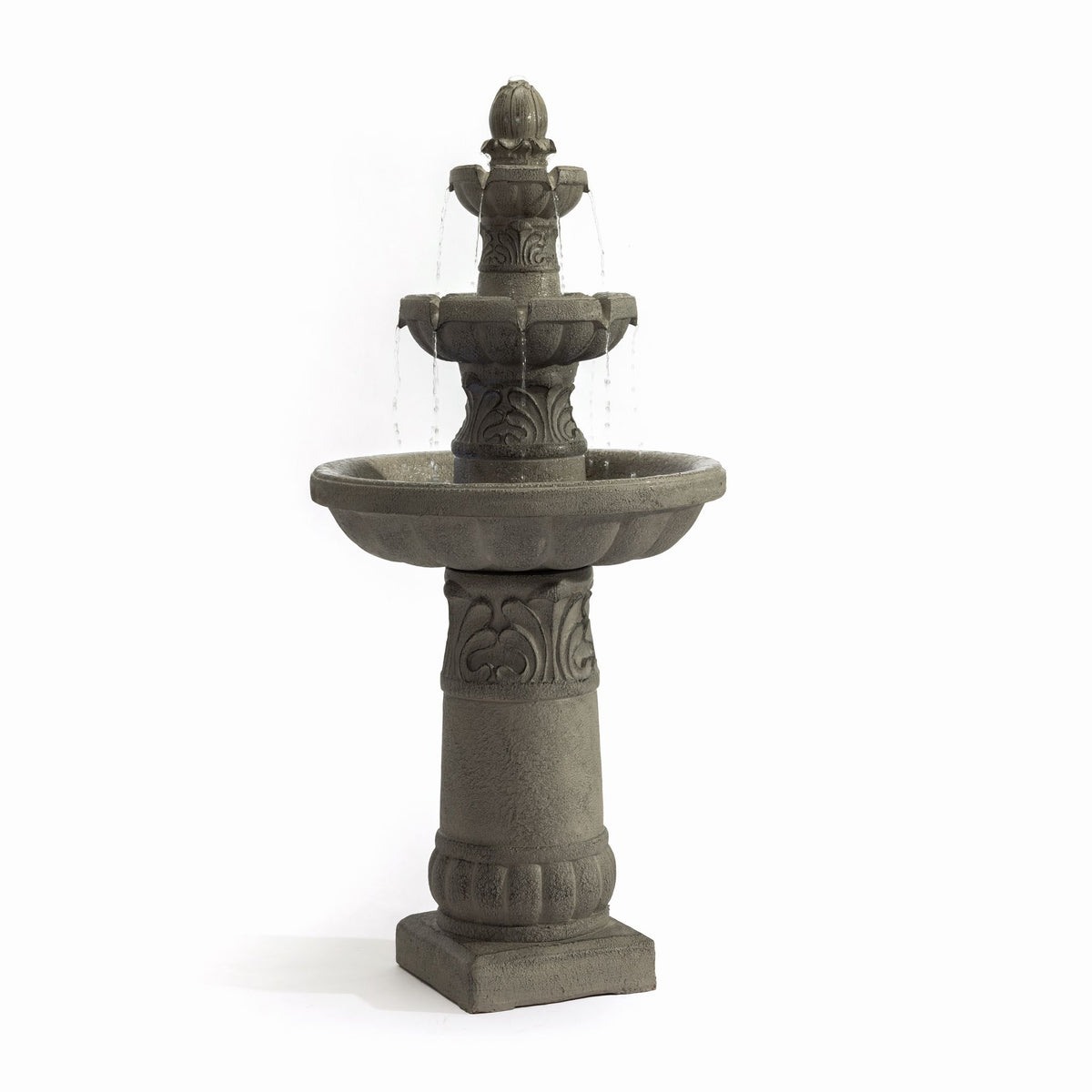 Gray 3-tier outdoor garden fountain with sculpted pedestal and stacked water basins