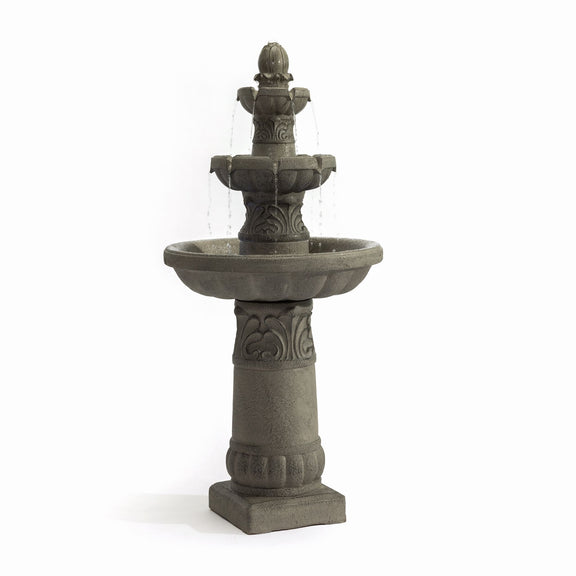 Gray 3-tier outdoor garden fountain with sculpted pedestal and stacked water basins