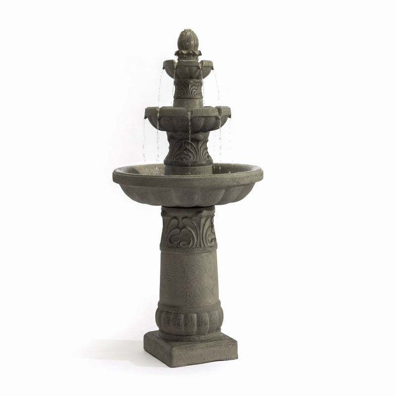 Gray 3-tier outdoor garden fountain with sculpted pedestal and stacked water basins