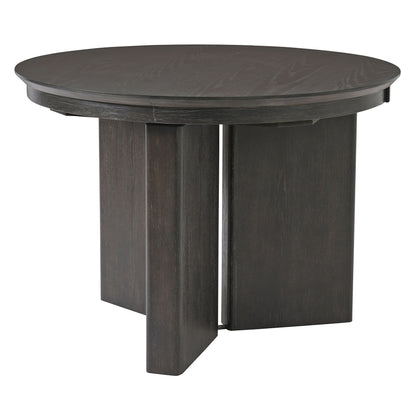 Dark oval extendable dining table with pedestal base and smooth round tabletop