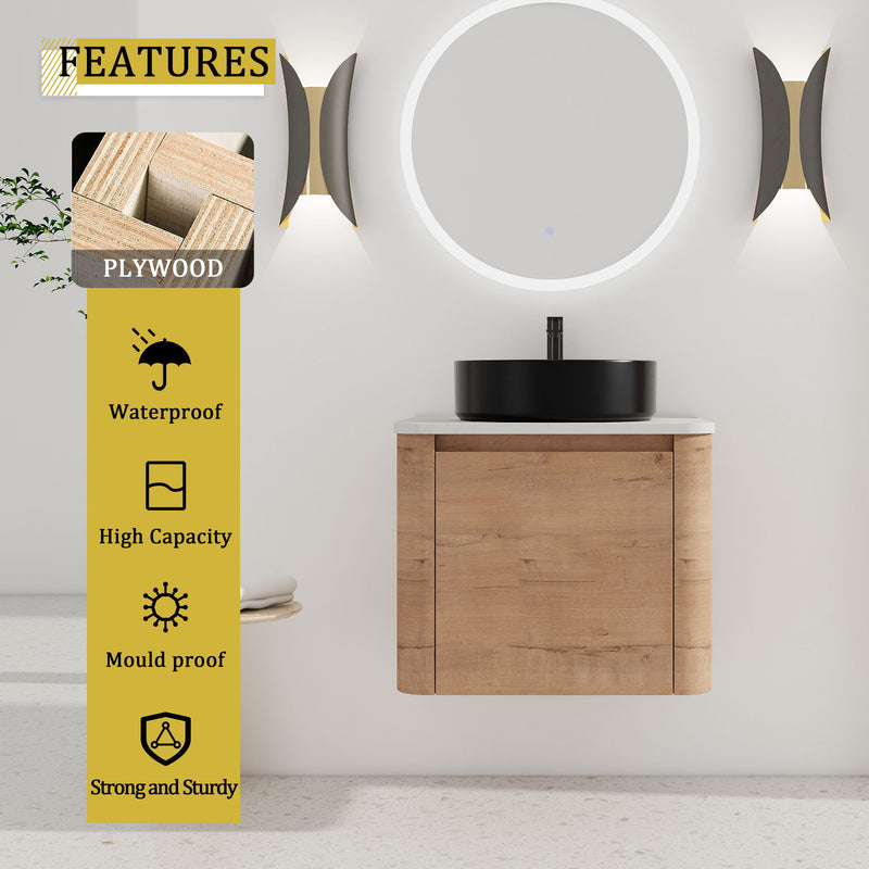 Wall-mounted bathroom vanity cabinet with light wood finish and black round vessel sink