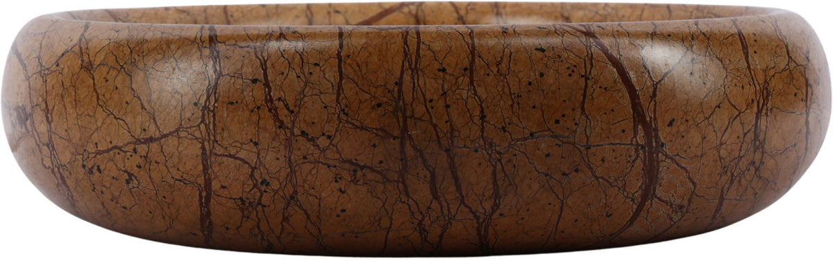 Marble tray, low rounded side profile in dark brown with textured veining.