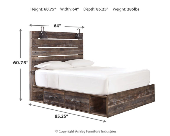 Panel bed with dark wood frame, panel headboard, white mattress, and drawer storage