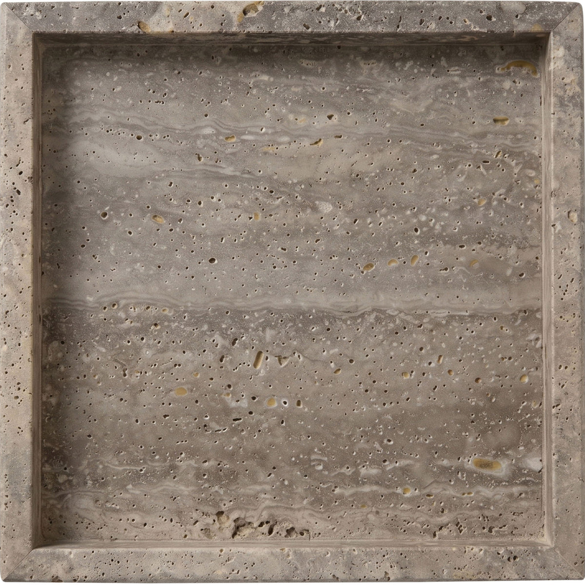 Gray stone marble tray with speckled texture and square raised rim.
