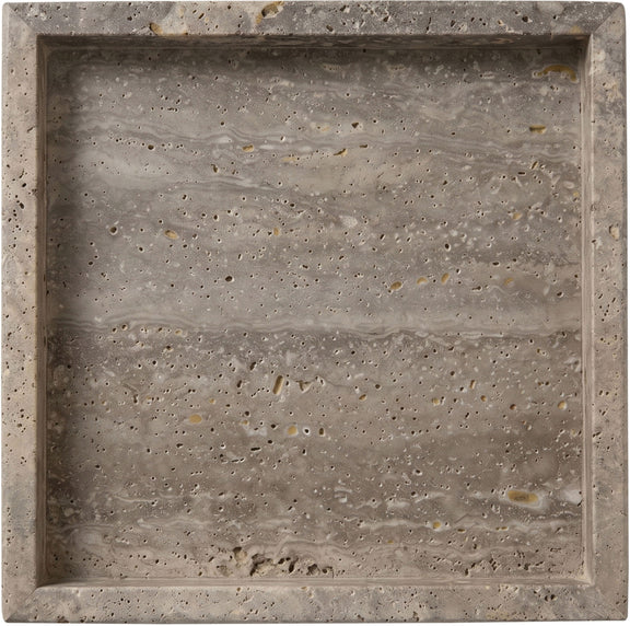 Gray stone marble tray with speckled texture and square raised rim.