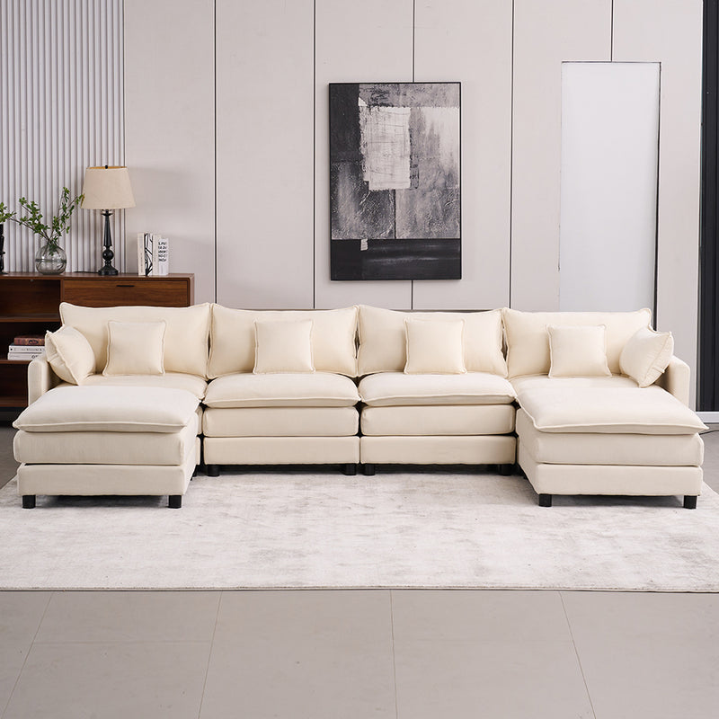 4-Piece Modern U-Shaped Chenille Sectional Sleeper Sofa - White Chenille