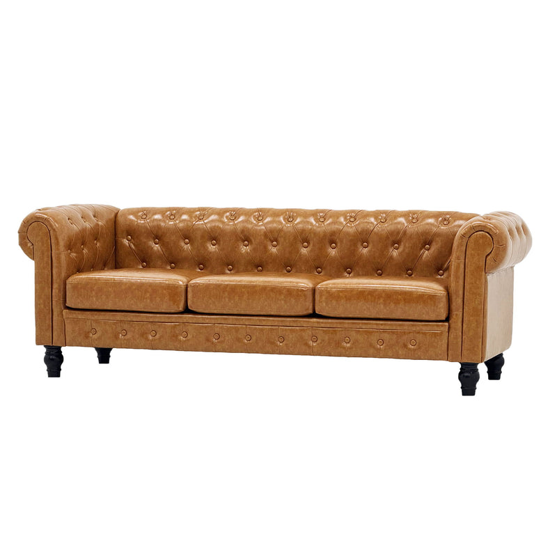Tufted sofa in light brown with rolled arms, three seat cushions and button detailing.