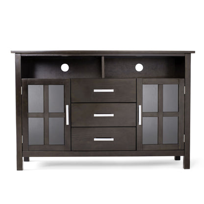 Dark brown TV media stand with 3 drawers and two cabinet doors, open shelving inside