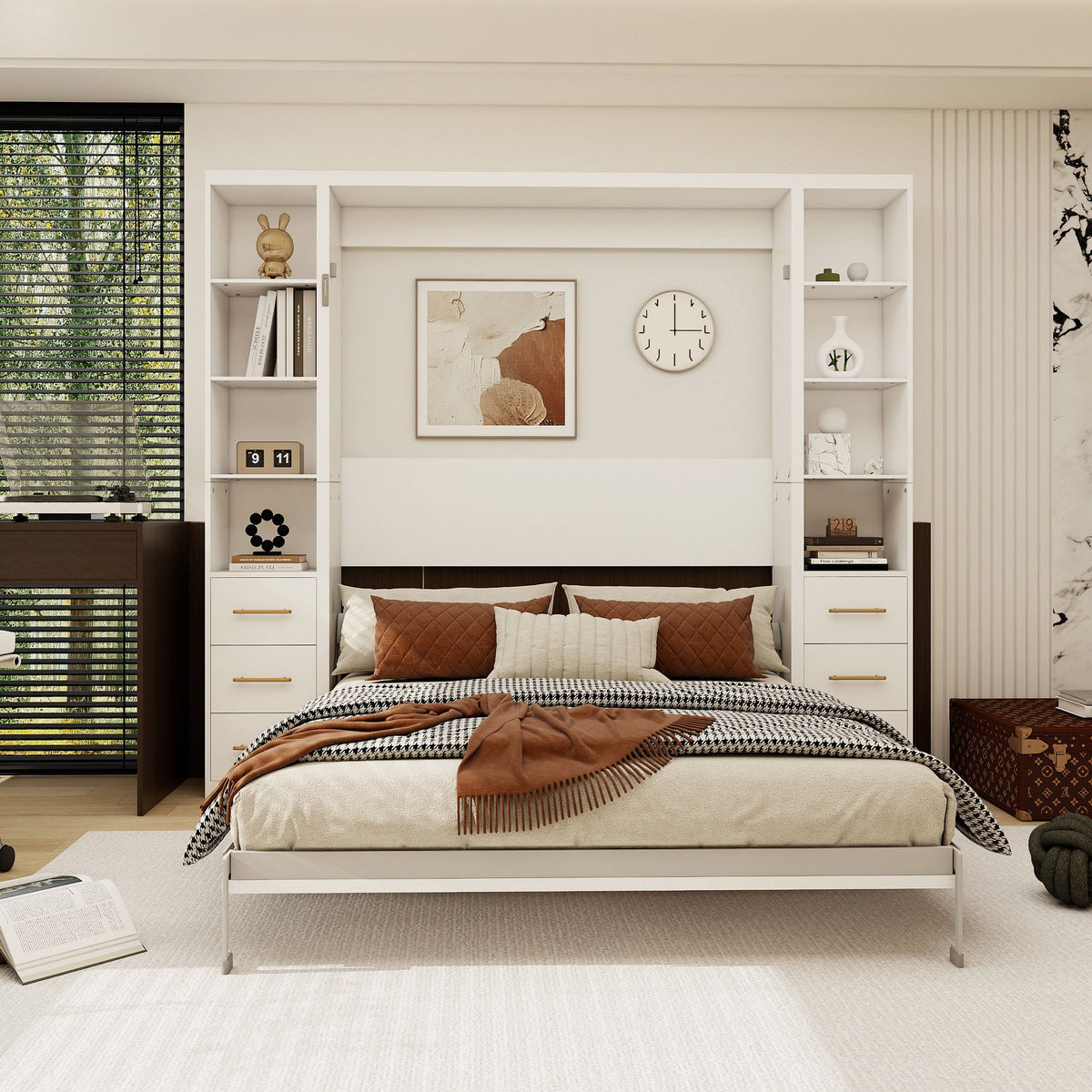 White vertical Murphy wall bed with slatted base, headboard, and side cabinets