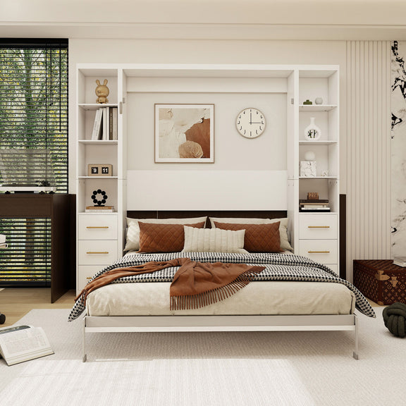 White vertical Murphy wall bed with slatted base, headboard, and side cabinets