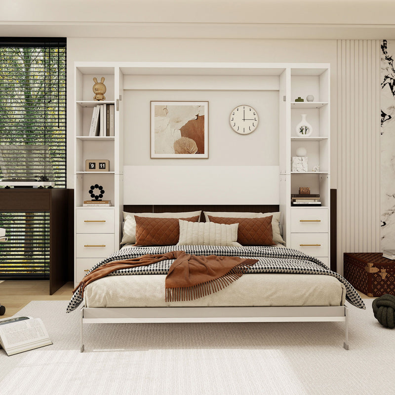White vertical Murphy wall bed with slatted base, headboard, and side cabinets