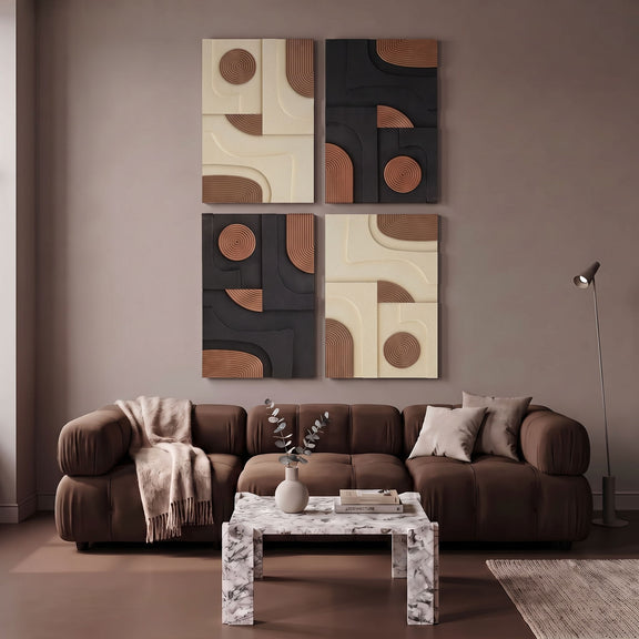 4-piece wall art set on wall above brown sofa, with beige and dark square panels