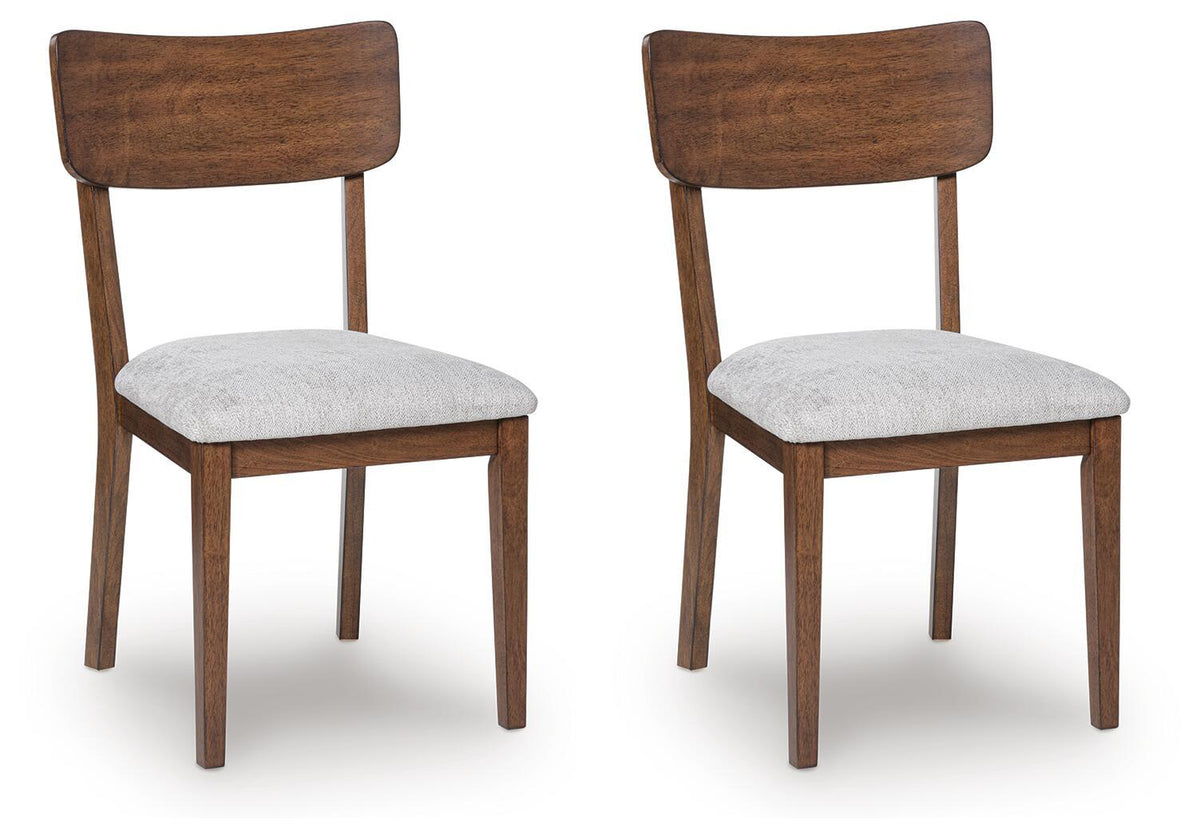 Set of two brown dining side chairs with arched backs and light gray seat cushions
