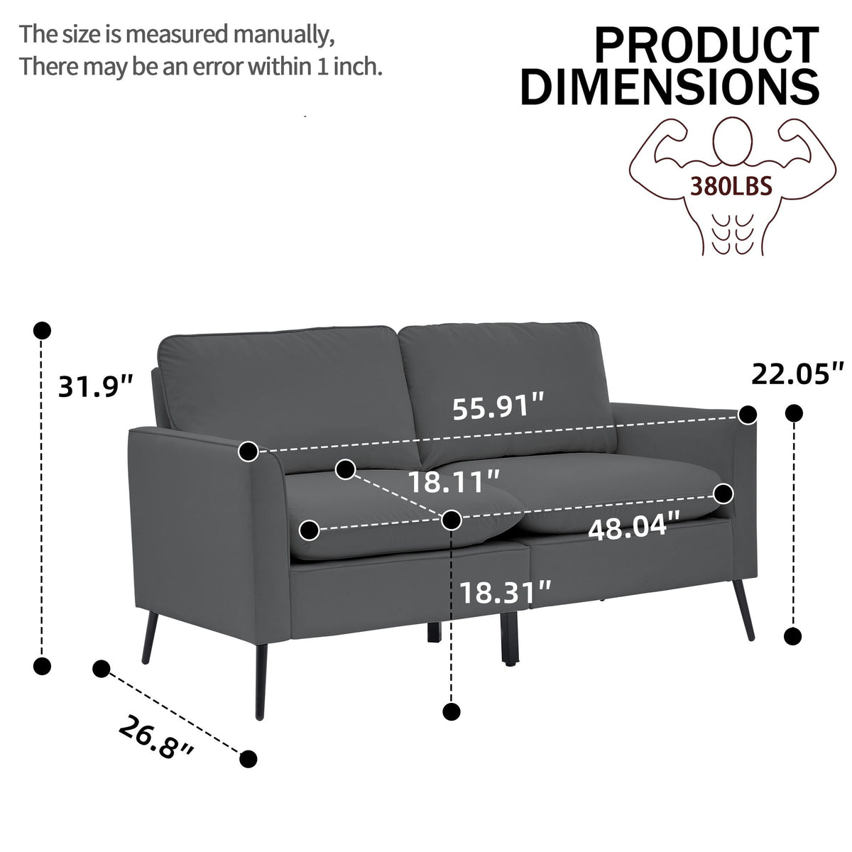 Dark gray 2-seat upholstered loveseat with tufted back, padded arms, and black legs