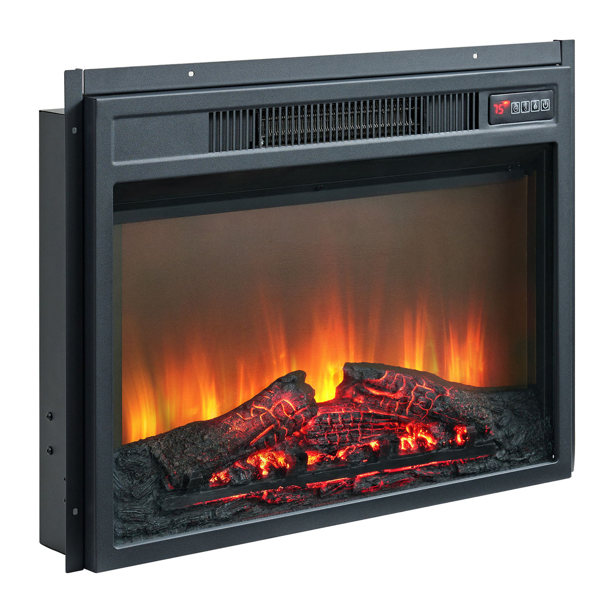 Black electric fireplace insert with glowing flame behind glass and mesh vent