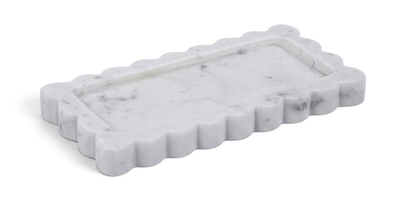 Marble tray with scalloped rim, glossy white stone with faint gray veining.