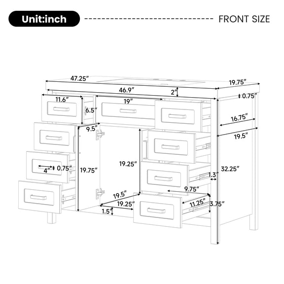 Bathroom vanity cabinet front-size diagram showing door and drawer layout