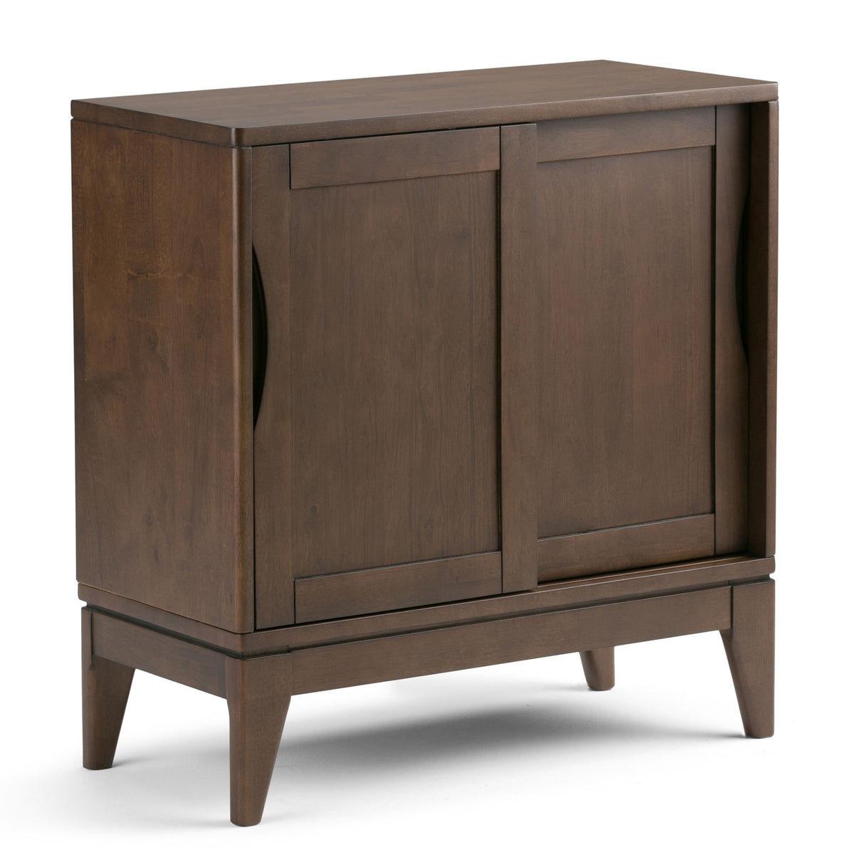 Low storage cabinet in dark brown wood with two paneled doors and tapered legs