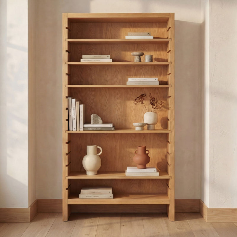 Natural wood open bookcase with multiple shelves and back panel, styled with decor