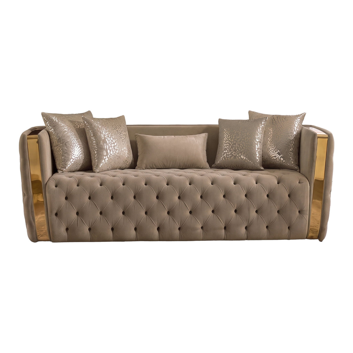 Taupe button-tufted sofa with gold-tone arms and 4 decorative pillows