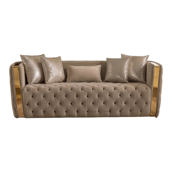 Taupe button-tufted sofa with gold-tone arms and 4 decorative pillows