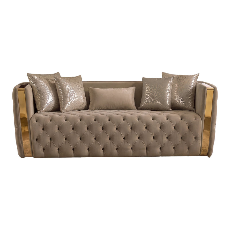 Taupe button-tufted sofa with gold-tone arms and 4 decorative pillows