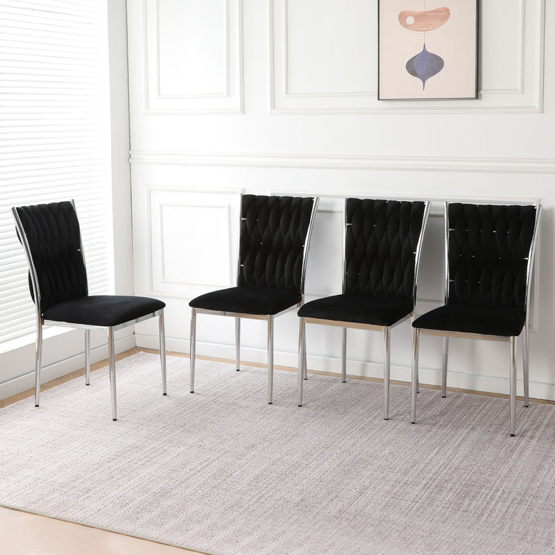 4-piece modern dining chair set, black quilted backrest, padded seat, metal legs