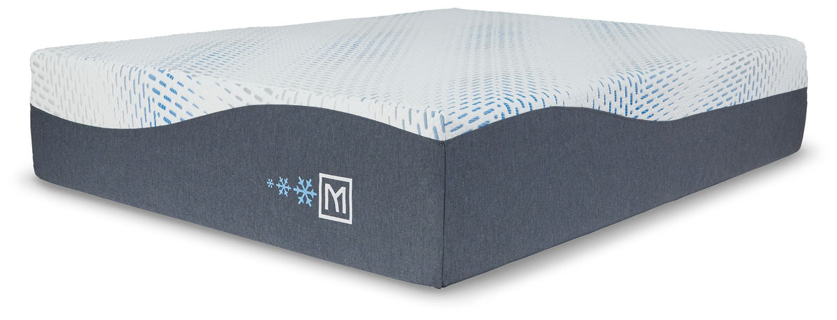 White patterned gel mattress with dark gray base and Millennium logo on side
