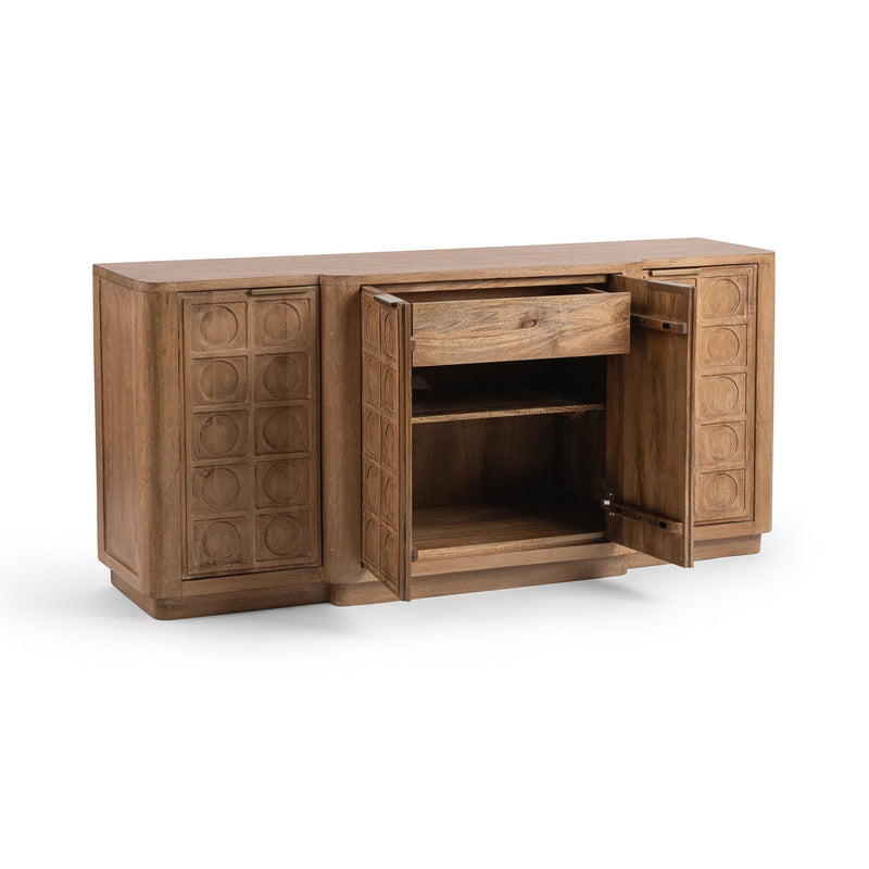 Taupe 4-door cabinet with doors open, revealing an interior shelf and storage space.