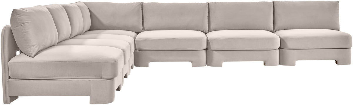 7-piece armless sectional sofa in light gray velvet with padded back and box cushions