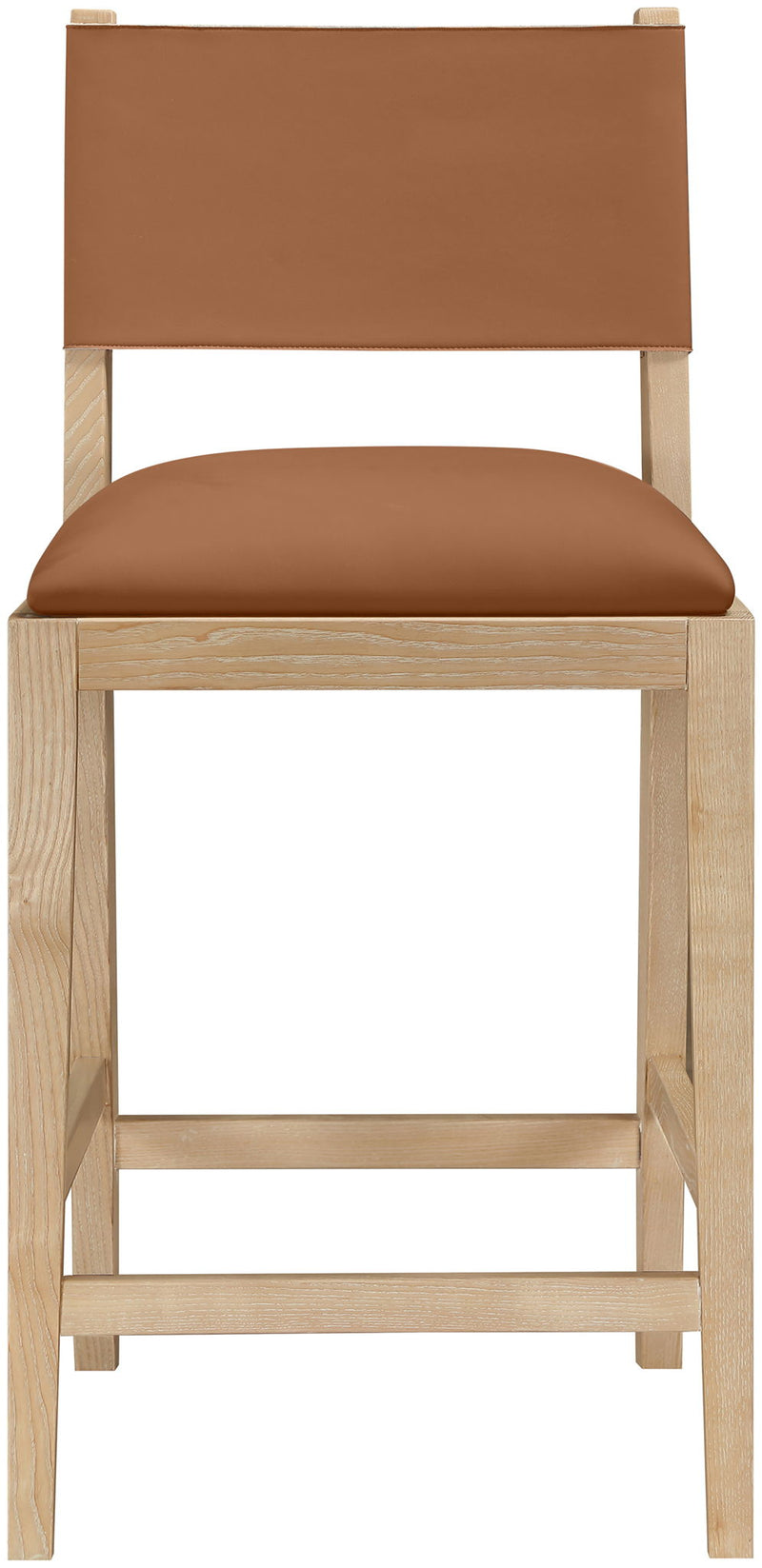 Light brown vegan leather counter stool close-up, square back and padded seat